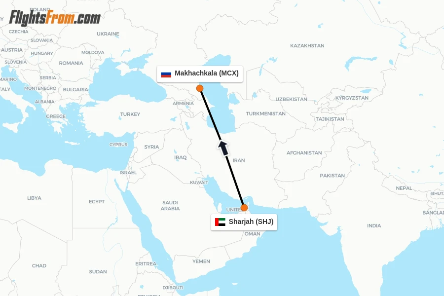 Flights from Sharjah to Makhachkala route map