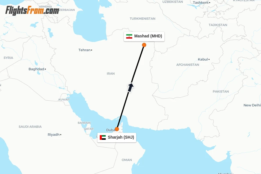 Flights from Sharjah to Mashad route map