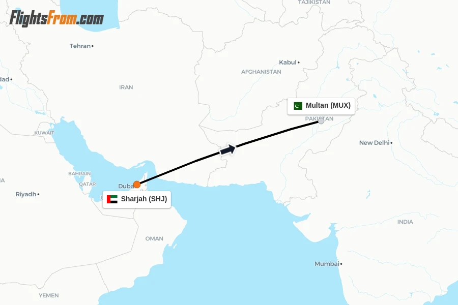 Flights from Sharjah to Multan route map