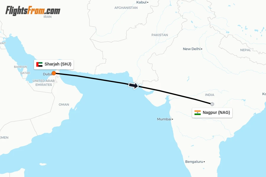 Flights from Sharjah to Nagpur route map