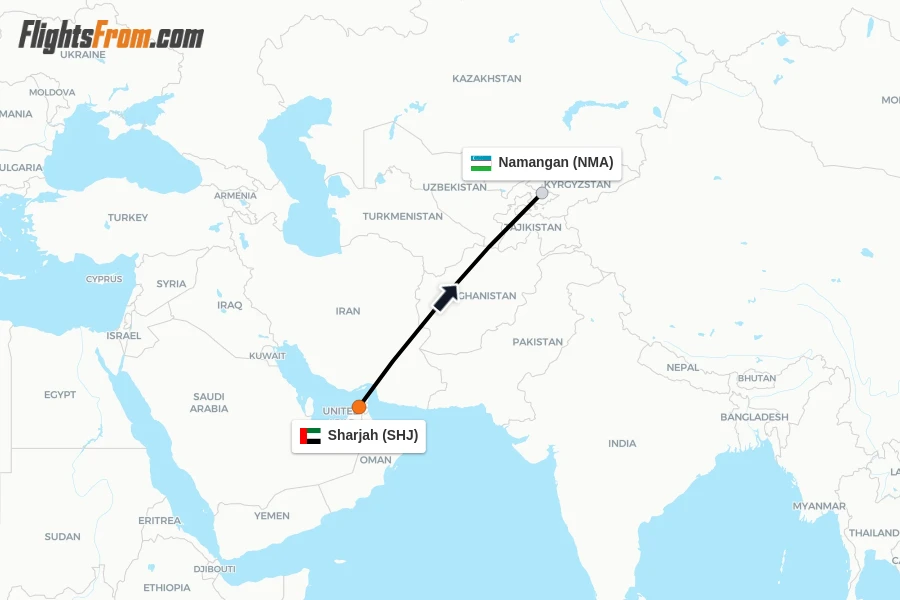 Flights from Sharjah to Namangan route map