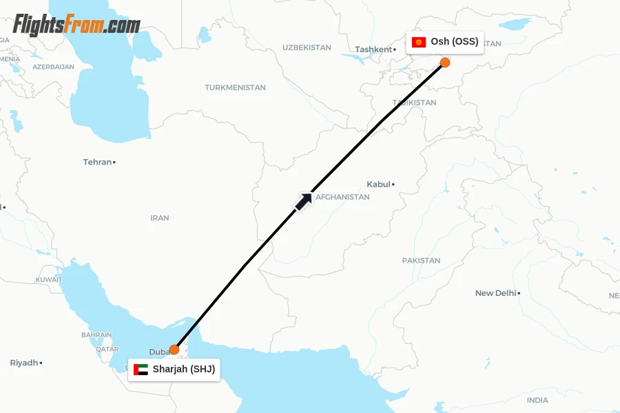 Flights from Sharjah to Osh route map