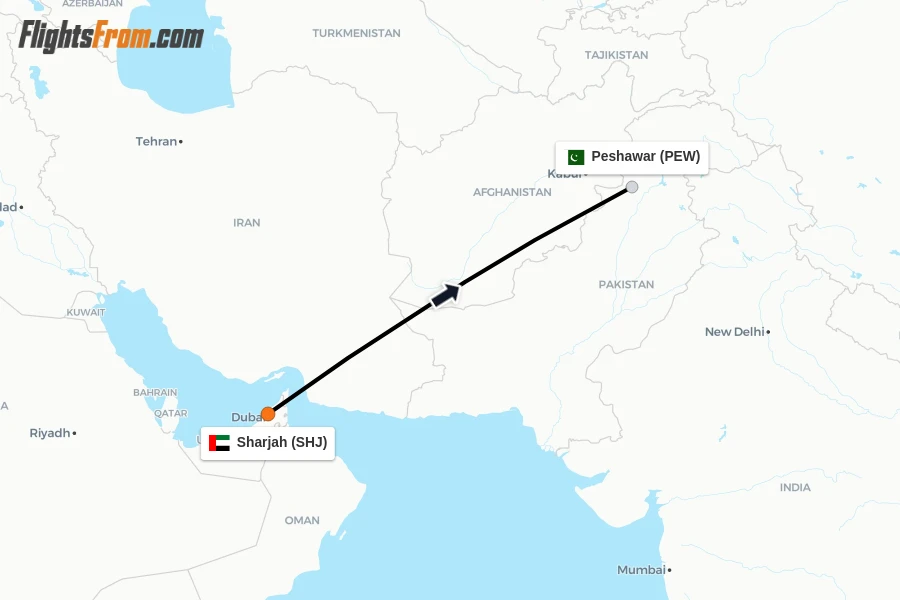 Flights from Sharjah to Peshawar route map