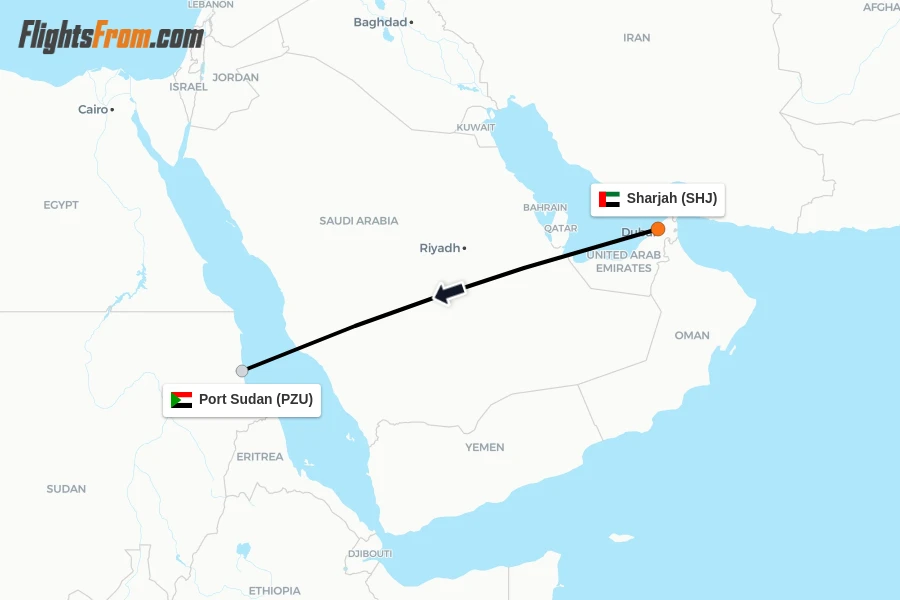 Flights from Sharjah to Port Sudan route map