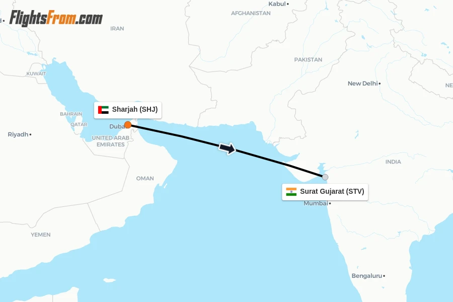 Flights from Sharjah to Surat Gujarat route map