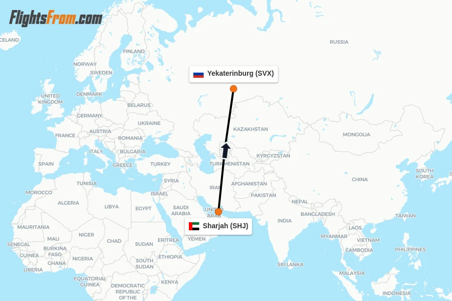Flights from Sharjah to Yekaterinburg route map