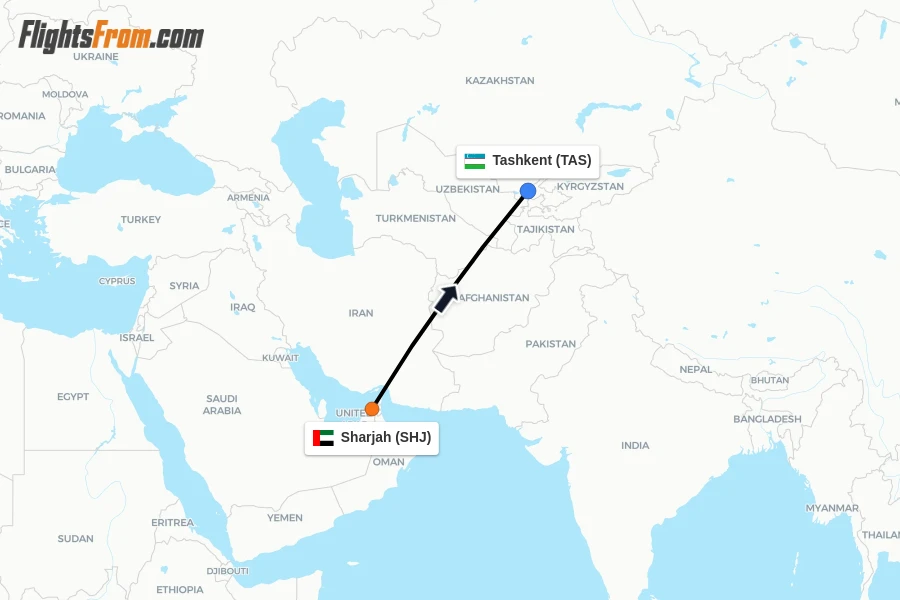 Flights from Sharjah to Tashkent route map