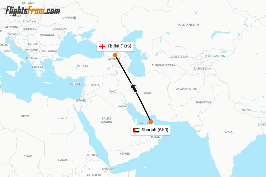 Flights from Sharjah to Tbilisi route map