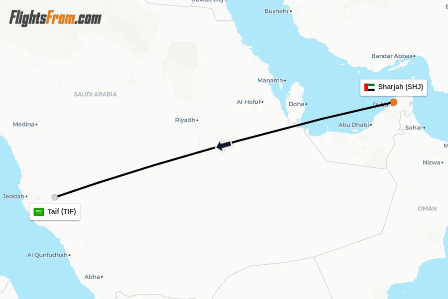 Flights from Sharjah to Taif route map