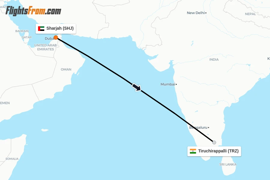 Flights from Sharjah to Tiruchirappalli route map