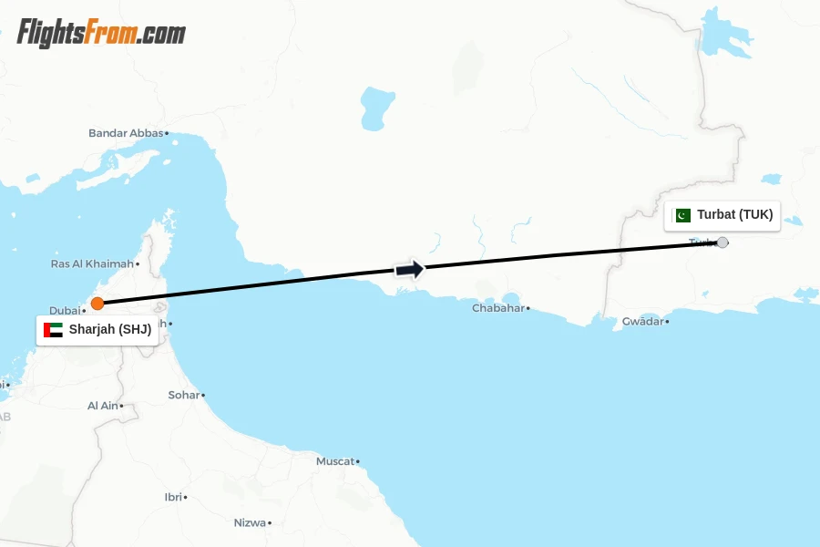 Flights from Sharjah to Turbat route map