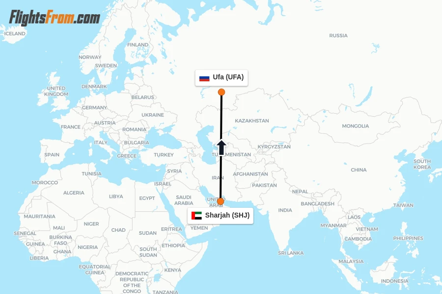 Flights from Sharjah to Ufa route map