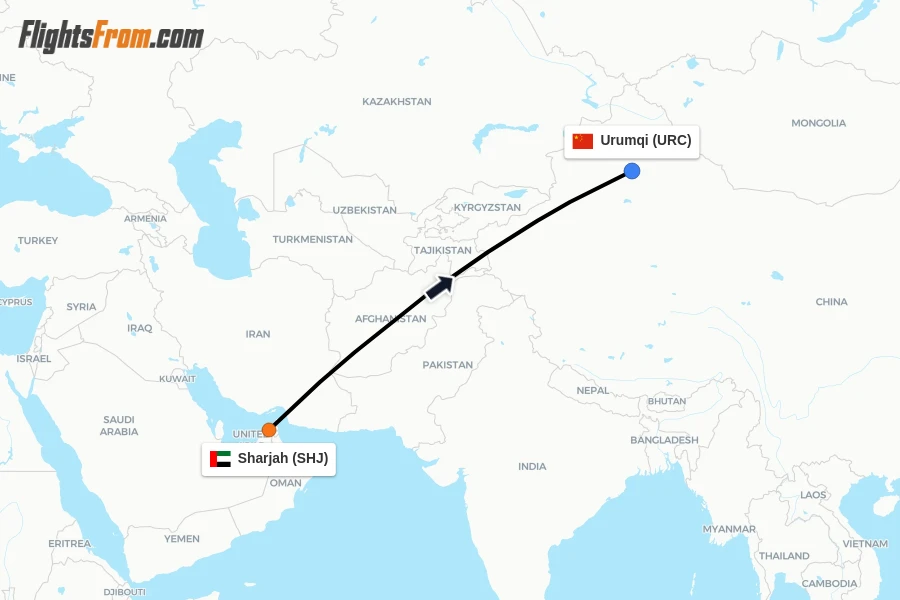 Flights from Sharjah to Urumqi route map
