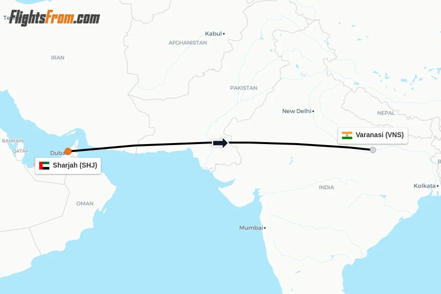 Flights from Sharjah to Varanasi route map