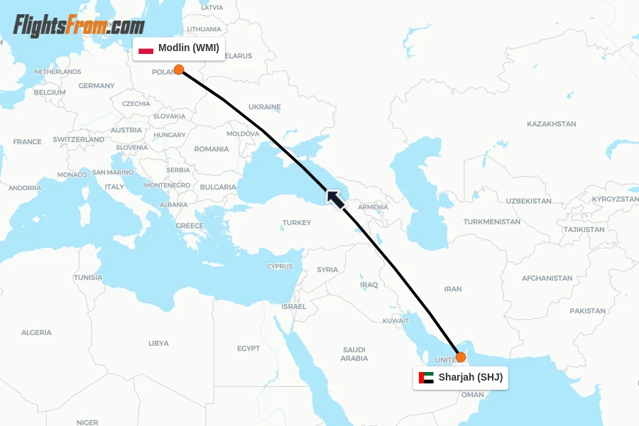 Flights from Sharjah to Modlin route map