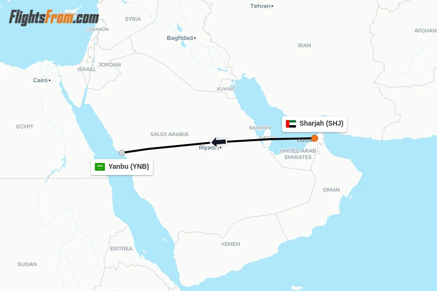 Flights from Sharjah to Yanbu route map