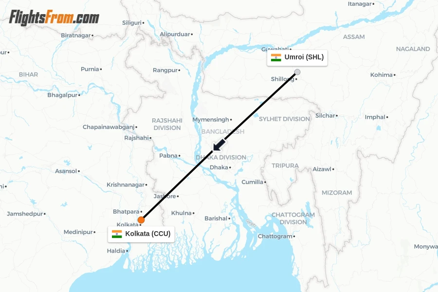 Flights from Umroi to Kolkata route map