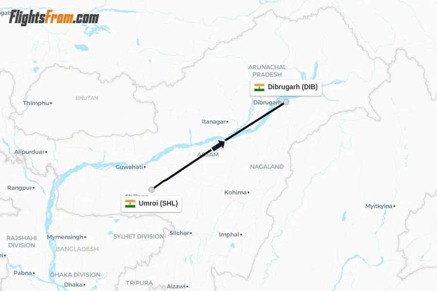 Flights from Umroi to Dibrugarh route map