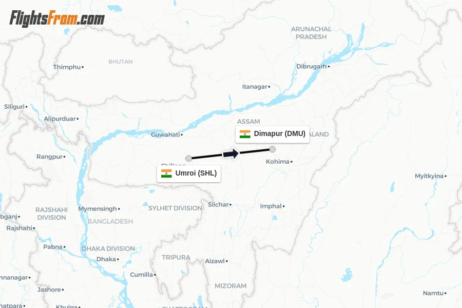 Flights from Umroi to Dimapur route map