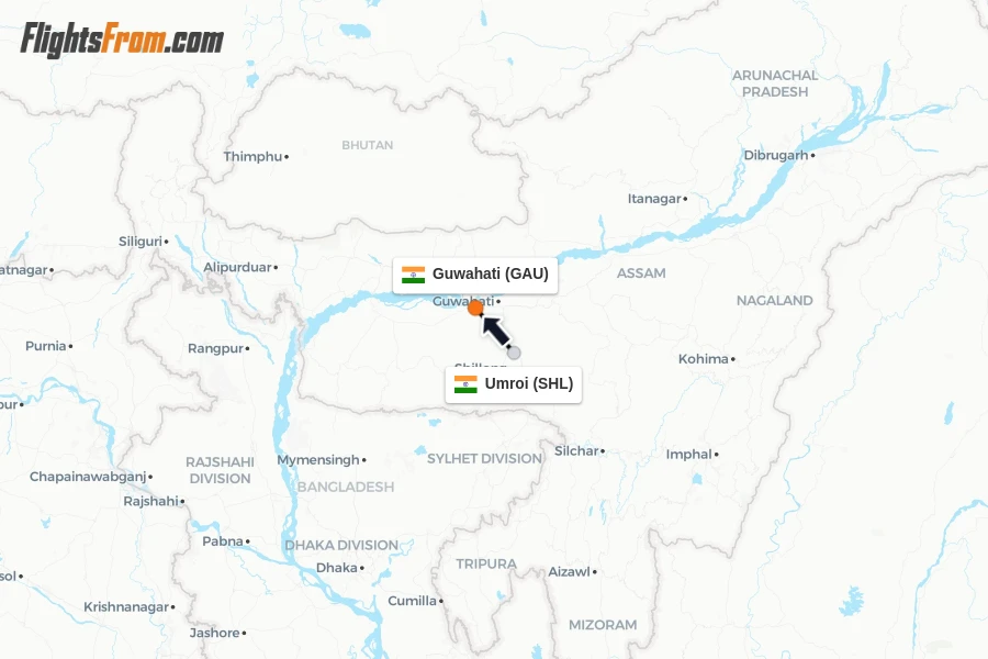 Flights from Umroi to Guwahati route map