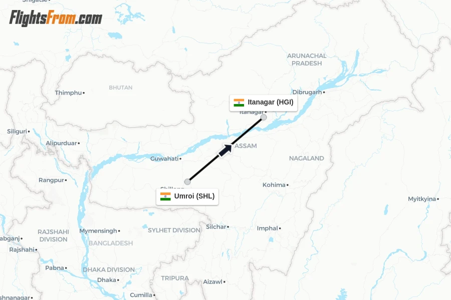 Flights from Umroi to Itanagar route map