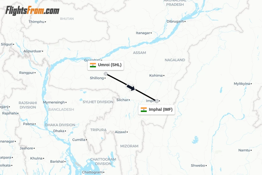 Flights from Umroi to Imphal route map