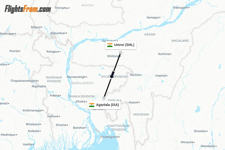 Flights from Umroi to Agartala route map