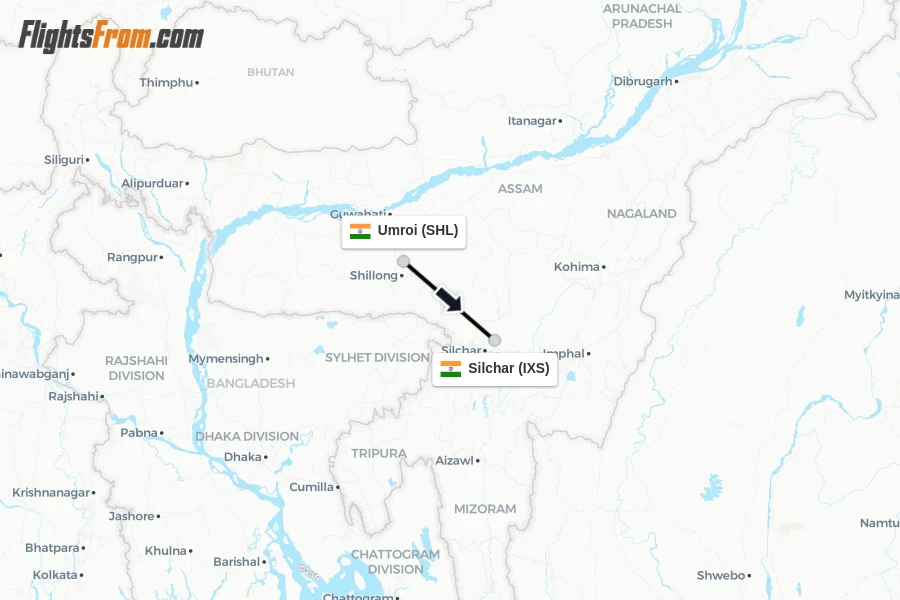 Flights from Umroi to Silchar route map