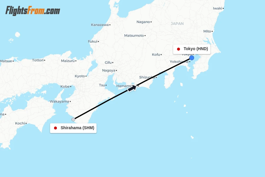 Flights from Shirahama to Tokyo route map