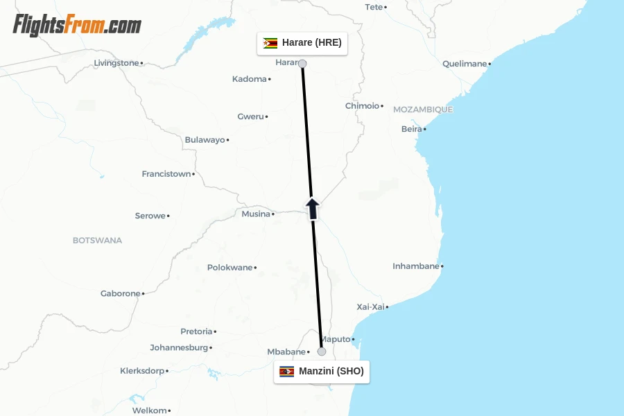 Flights from Manzini to Harare route map