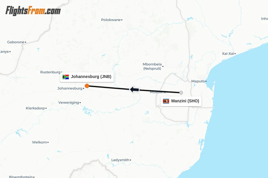 Flights from Manzini to Johannesburg route map