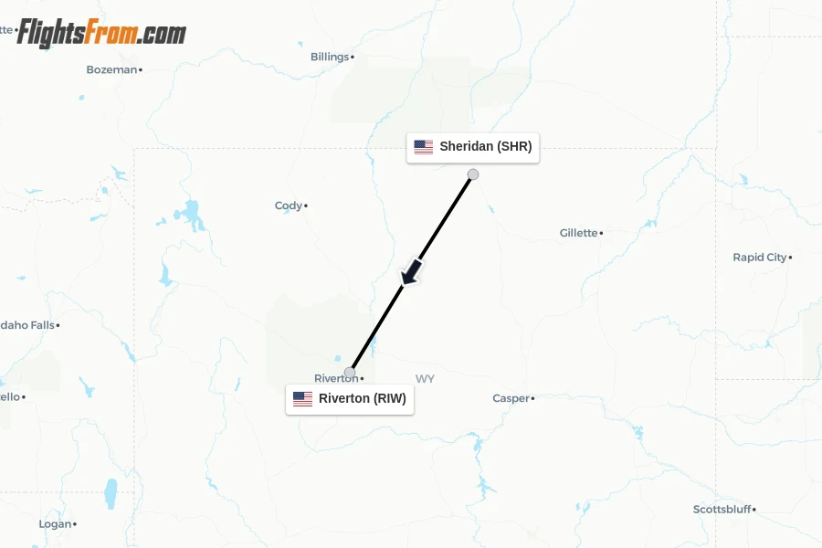 Flights from Sheridan to Riverton route map