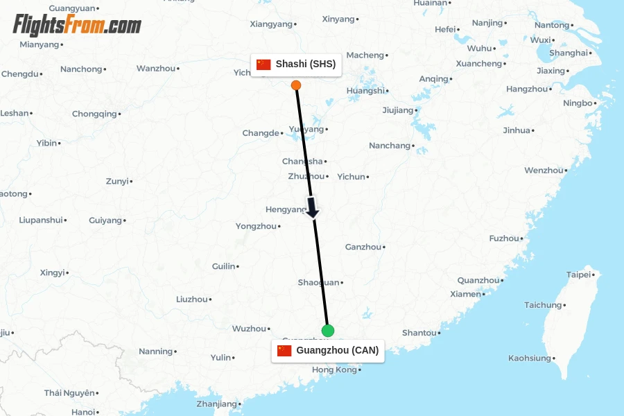 Flights from Shashi to Guangzhou route map