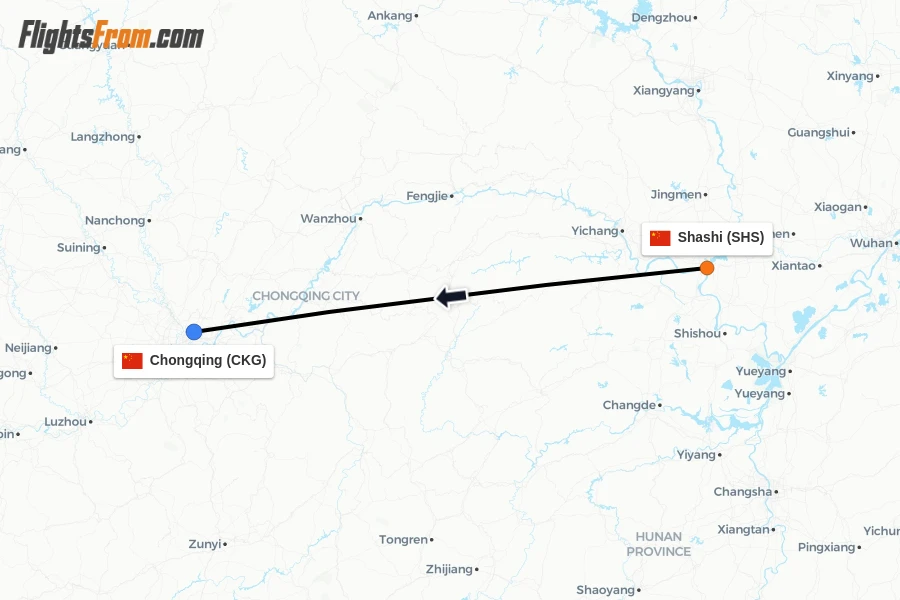 Flights from Shashi to Chongqing route map