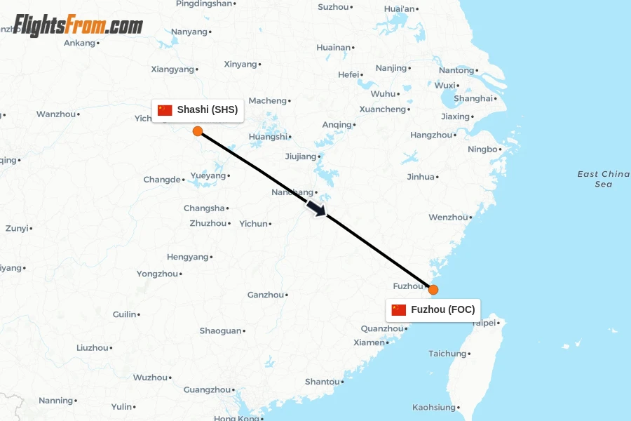 Flights from Shashi to Fuzhou route map