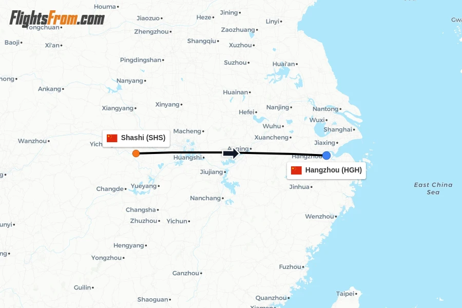Flights from Shashi to Hangzhou route map