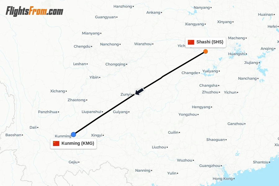 Flights from Shashi to Kunming route map