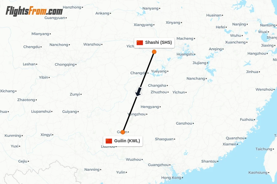 Flights from Shashi to Guilin route map