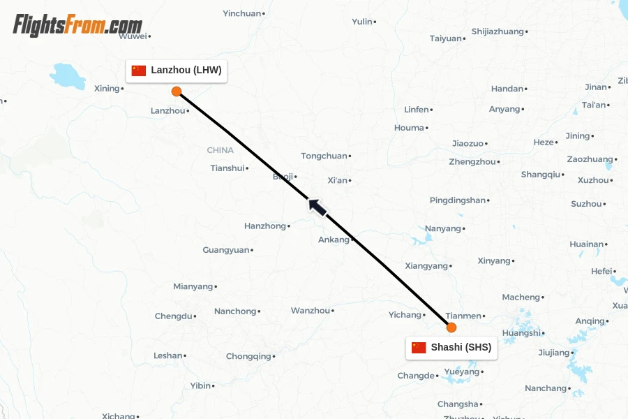 Flights from Shashi to Lanzhou route map