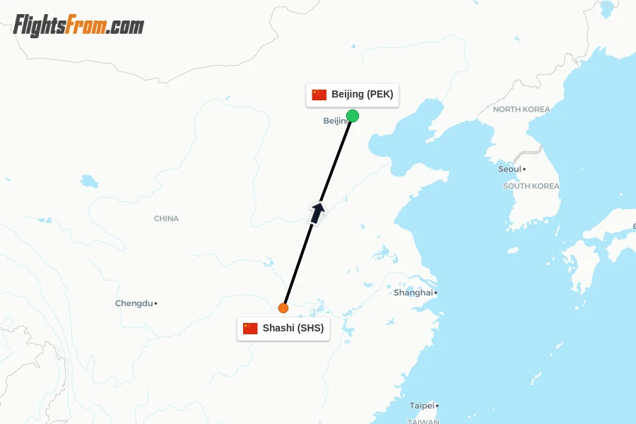 Flights from Shashi to Beijing route map
