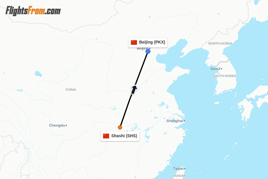 Flights from Shashi to Beijing route map