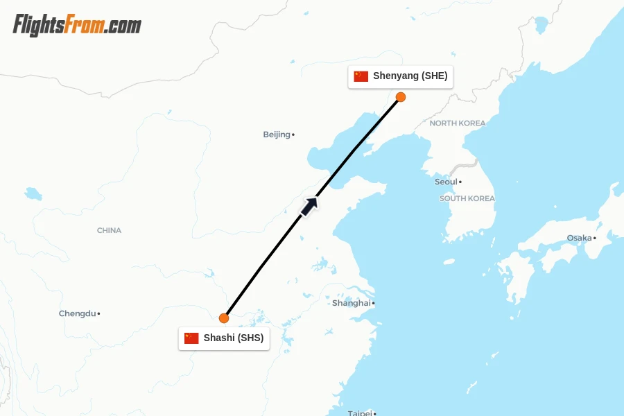 Flights from Shashi to Shenyang route map