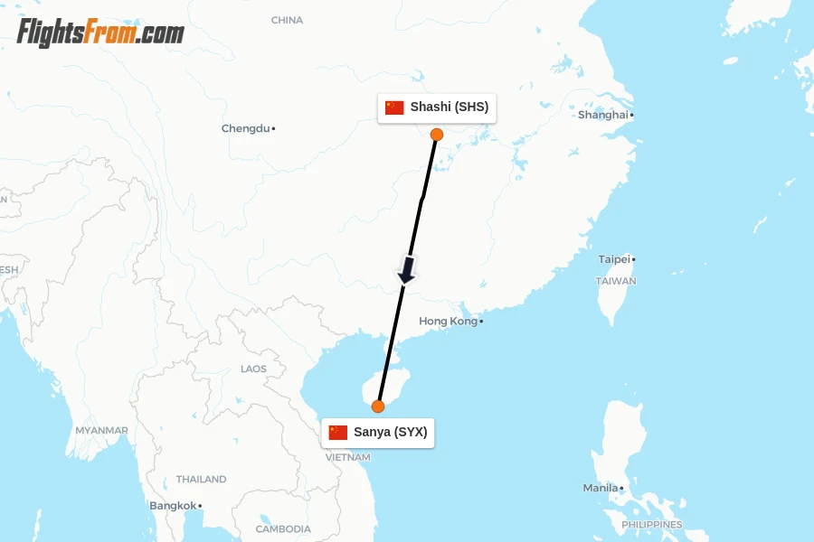 Flights from Shashi to Sanya route map