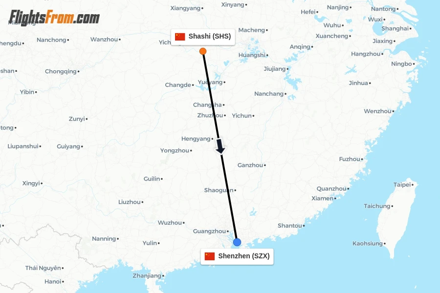 Flights from Shashi to Shenzhen route map