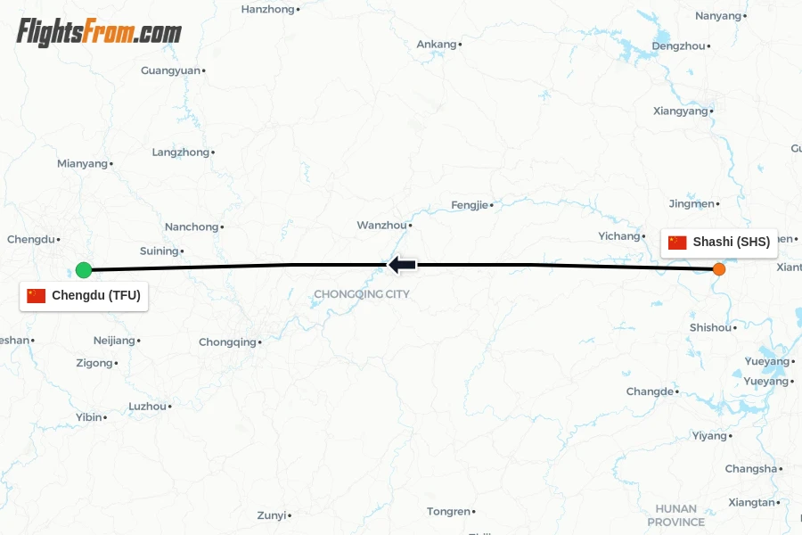 Flights from Shashi to Chengdu route map