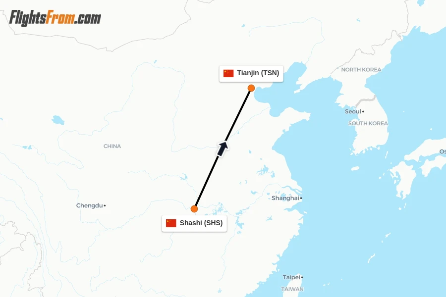 Flights from Shashi to Tianjin route map