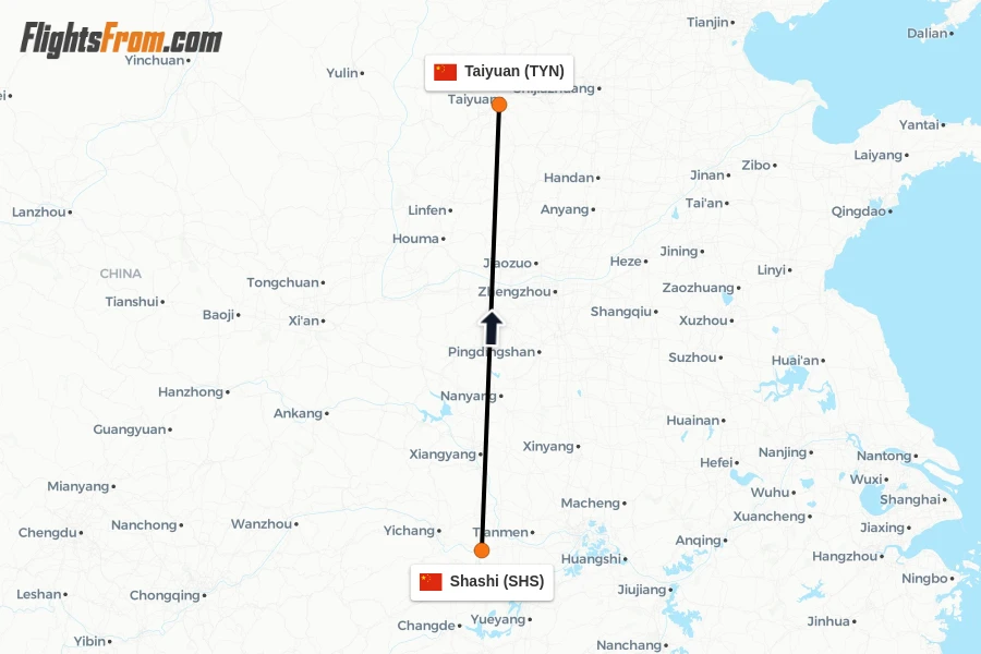 Flights from Shashi to Taiyuan route map