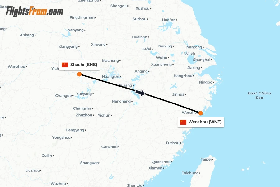 Flights from Shashi to Wenzhou route map