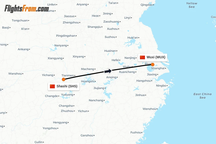 Flights from Shashi to Wuxi route map