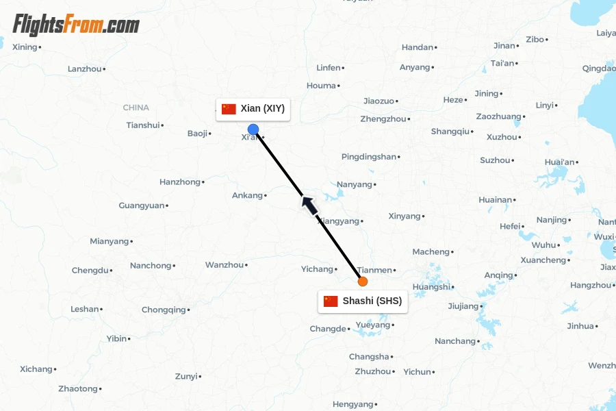 Flights from Shashi to Xian route map